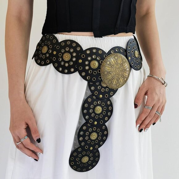Y2k Wide Boho Disc Belt for Women Vintage Concho Leather Disk Belts Western Wais - Picture 4 of 7